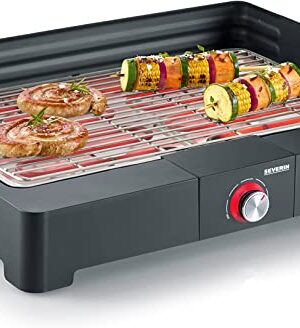 SEVERIN PG 8565 Table Grill with Stainless Steel Grill for Indoor and Outdoor Use, Electric Grill with Quick Grill Start, Balcony Grill without Risk of Burning, Black