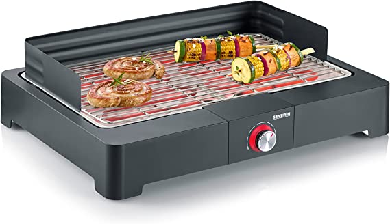 SEVERIN PG 8565 Table Grill with Stainless Steel Grill for Indoor and Outdoor Use, Electric Grill with Quick Grill Start, Balcony Grill without Risk of Burning, Black